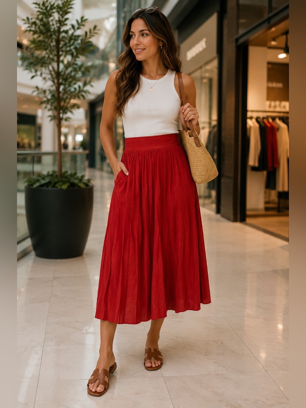Talbots Pleated Skirt 12 Petite Red Midi Rayon Linen 🌹🍓